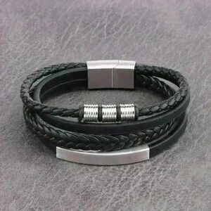Mens Black Leather Stainless Steel Bracelet